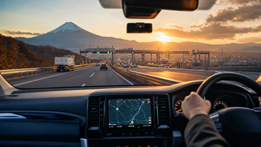 Driver's perspective on a highway at sunset, with Mount Fuji in the distance and a GPS screen on the dashboard visible ahead.