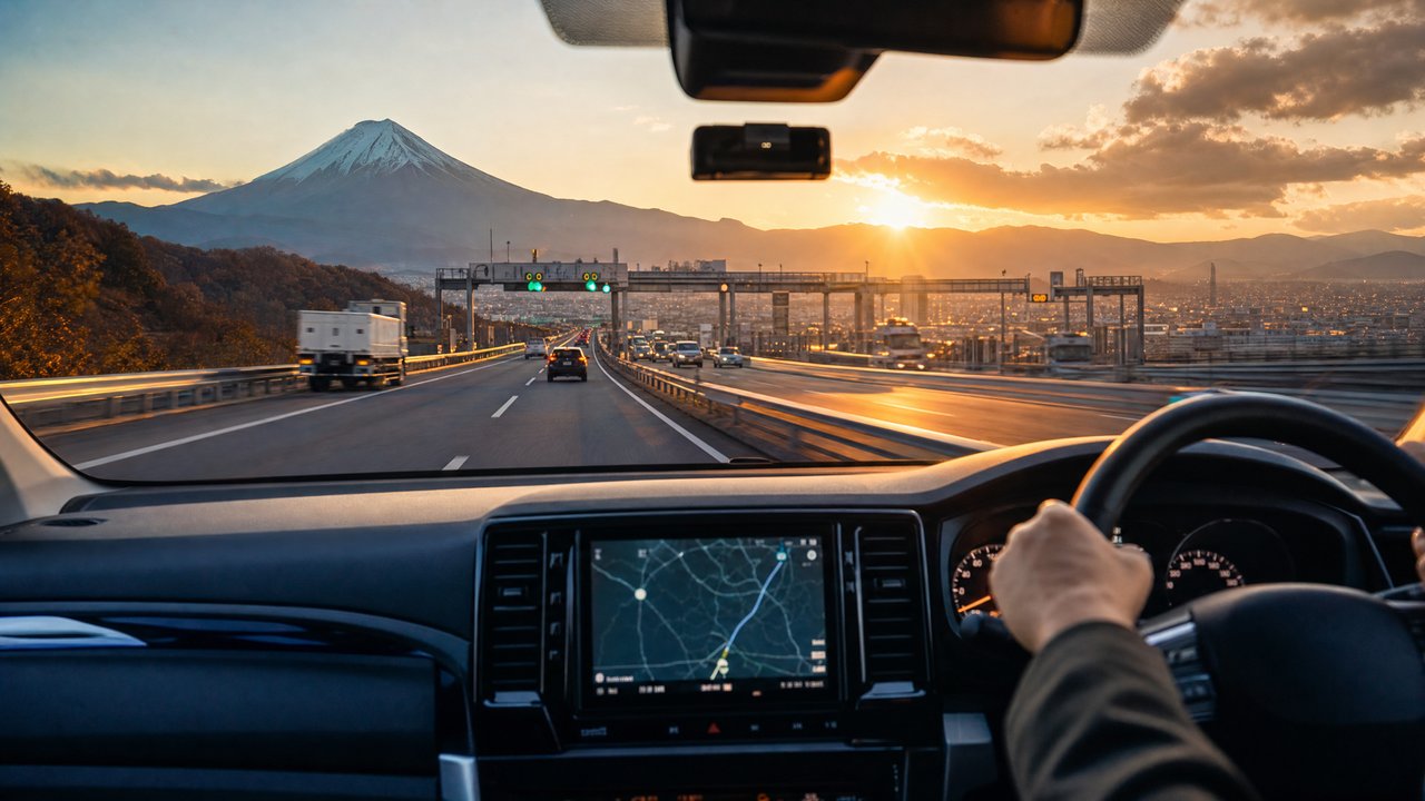 Driver's perspective on a highway at sunset, with Mount Fuji in the distance and a GPS screen on the dashboard visible ahead.