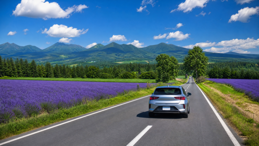 Silver car driving down a straight country road between purple lavender fields with green hills and mountains in the distance under a blue sky.