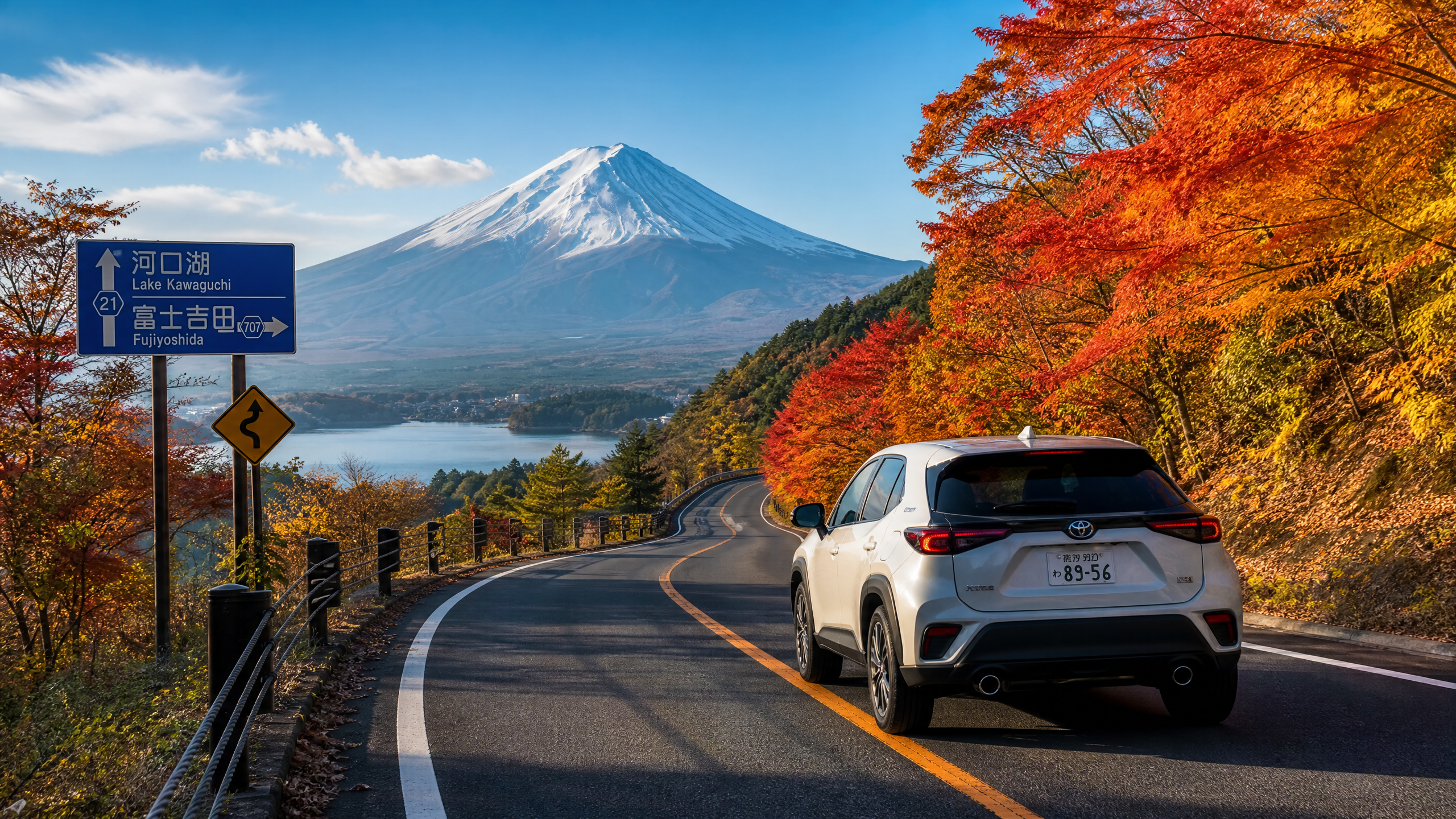 White SUV driving on a winding mountain road with vibrant autumn trees and a snow-capped Mount Fuji in the distance.