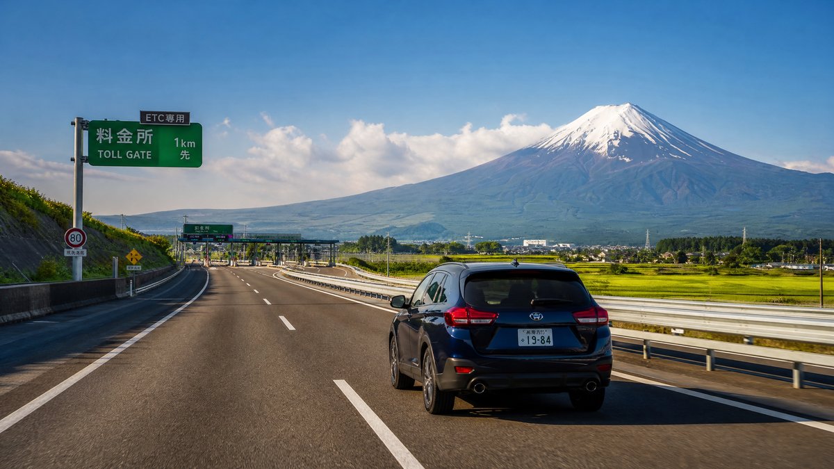 Rear view of a blue SUV on a multi-lane highway toward a toll gate, with Mount Fuji and green fields in the distance under a clear blue sky.
