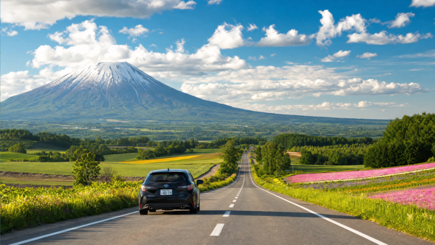 Cars drive along a straight rural highway toward a snow‑capped mountain under a blue sky with scattered clouds.