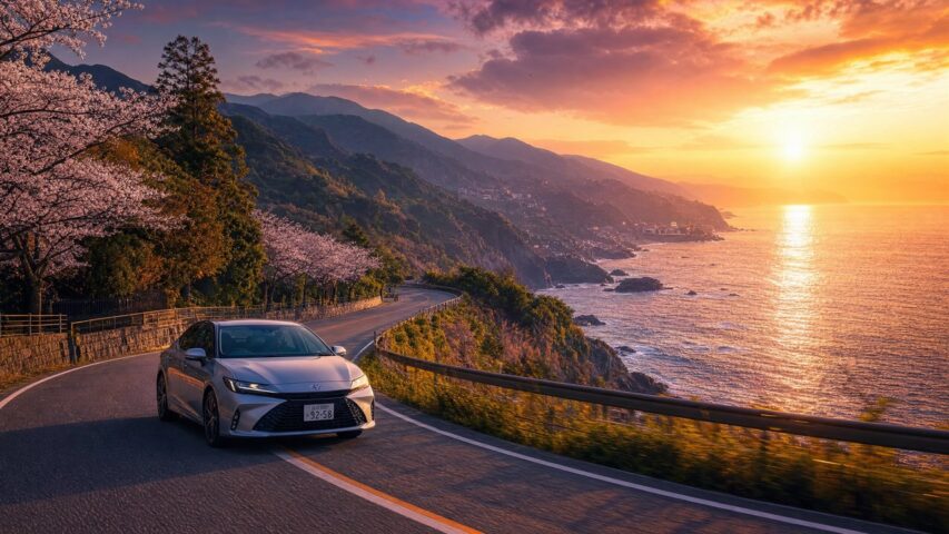 Silver sedan driving along a winding coastal road at sunset, with pink cherry blossoms and sea cliffs in the background.