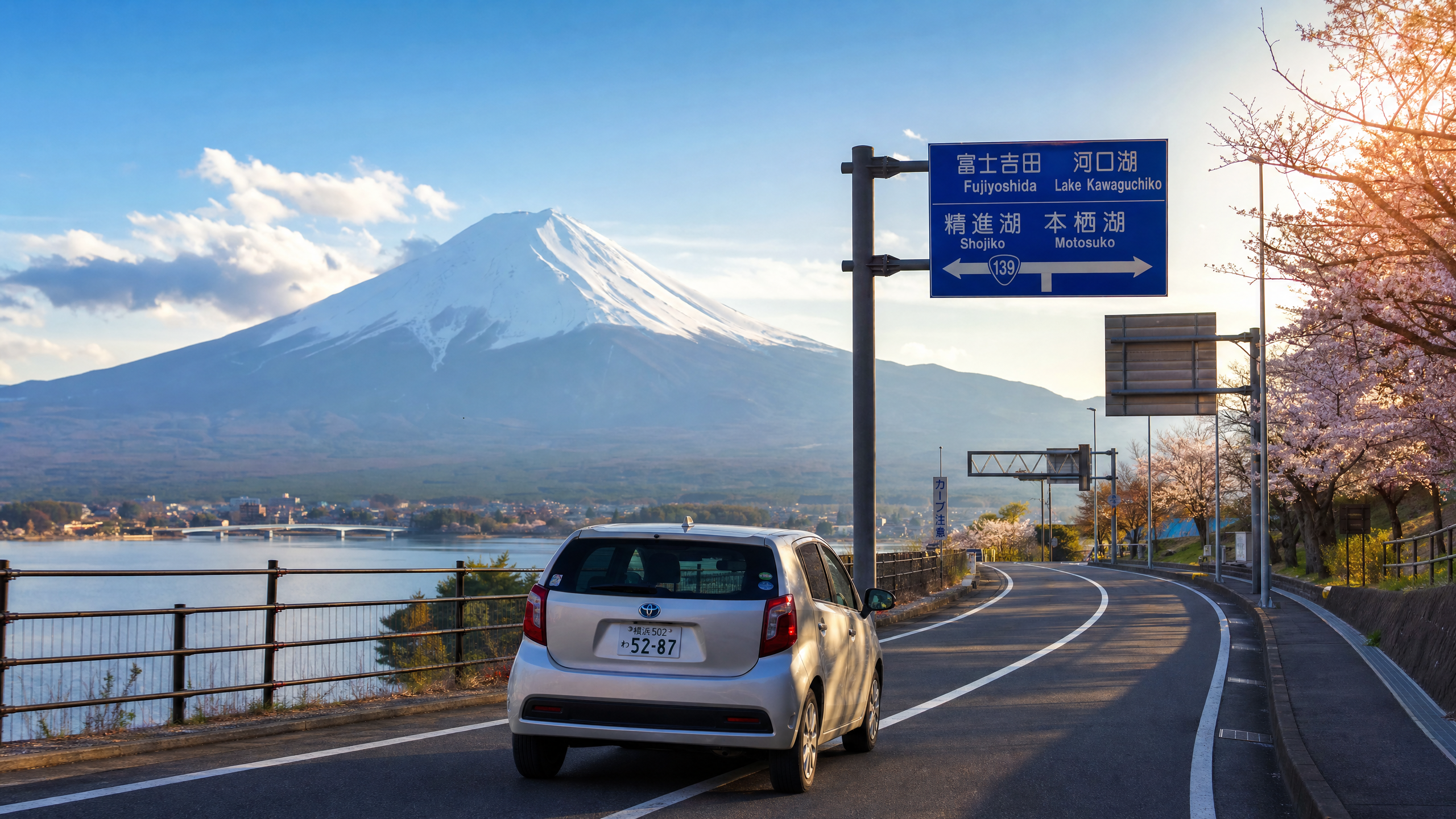 White SUV on a waterfront road with Mount Fuji snow peak in the distance and a blue highway sign overhead; cherry blossoms on the right.