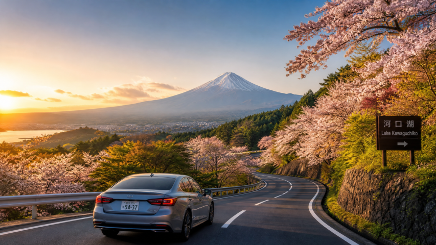 Mount Fuji rising behind a road lined with pink cherry blossoms at sunset, with a Lake Kawaguchiko sign nearby.