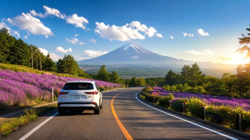 White SUV on a winding road beside purple lavender fields, with a snow-capped mountain in the distance at sunset.