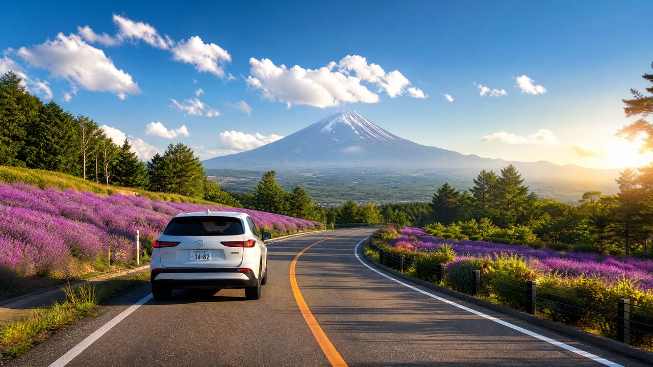 White SUV on a winding road beside purple lavender fields, with a snow-capped mountain in the distance at sunset.