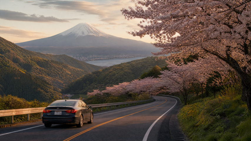 Winding road along a hillside with blooming cherry trees and Mount Fuji in the distance.