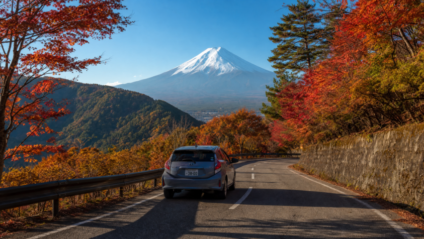 Fall foliage frames a winding road with a snow-capped Mt. Fuji in the distance.