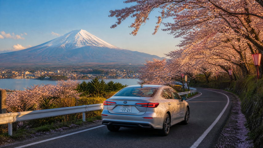 Snow-capped Mount Fuji rises behind a line of blooming cherry trees along a winding road with a silver car in the foreground at sunset.