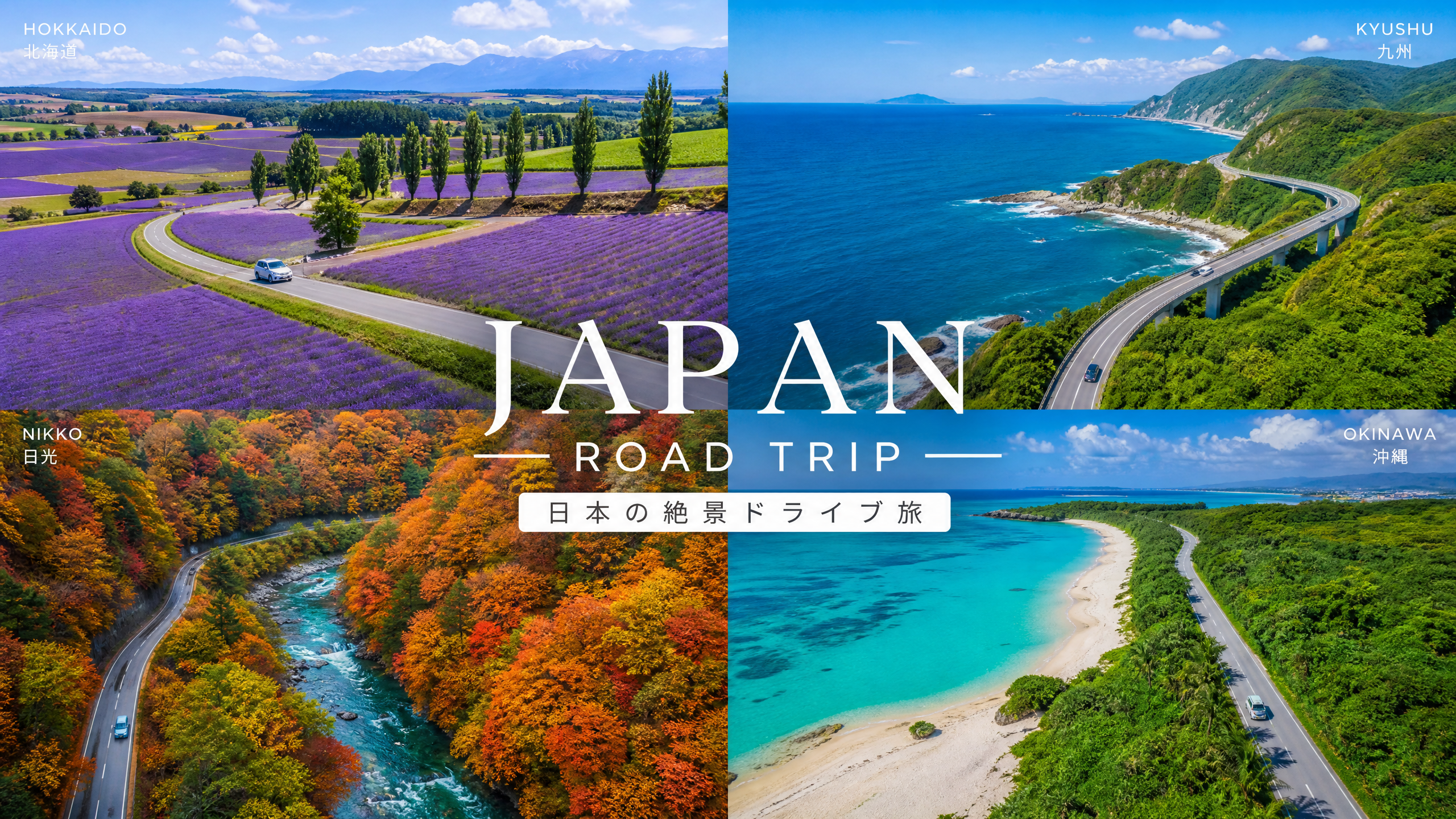 Collage promoting a Japan road trip, showing four regions—Hokkaido, Kyushu, Nikko, and Okinawa—with scenic roads and landscapes and a central JAPAN ROAD TRIP title.