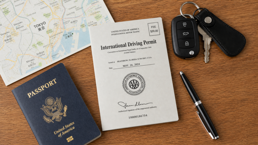 Travel scene with a map showing Tokyo, a stamped International Driving Permit, a U.S. passport, car keys, and a black pen on a wooden surface