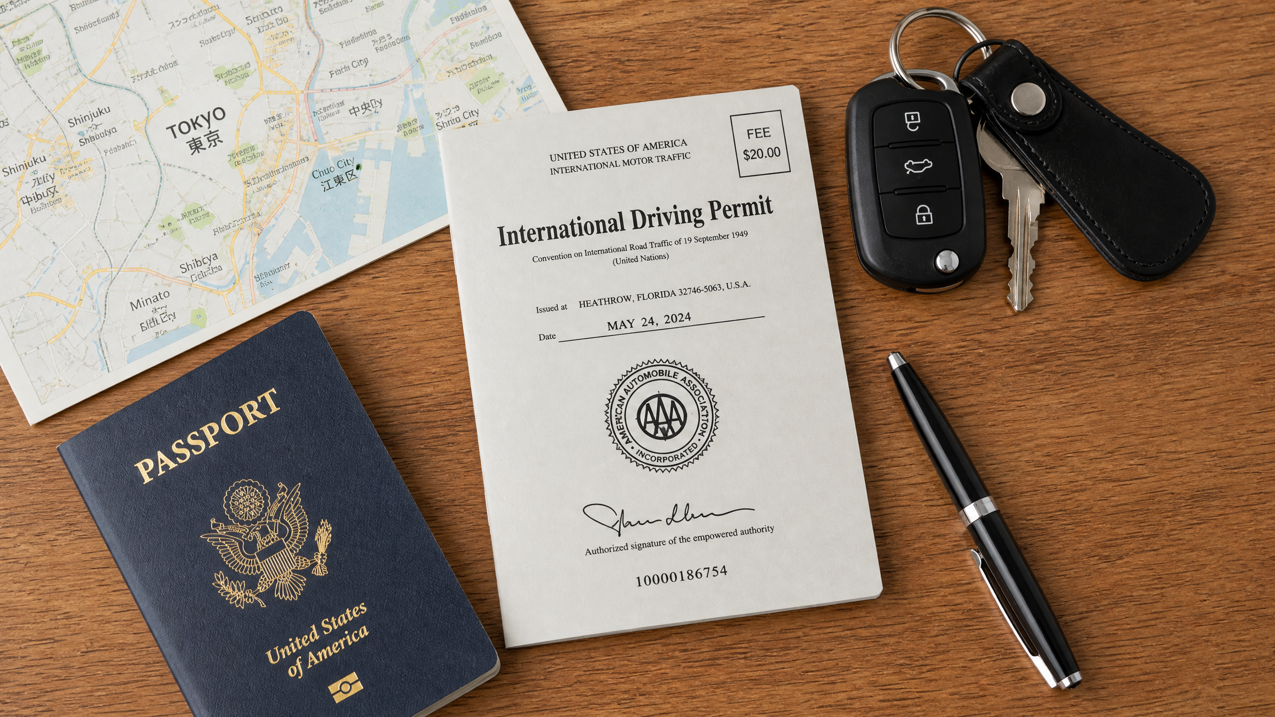 Travel scene with a map showing Tokyo, a stamped International Driving Permit, a U.S. passport, car keys, and a black pen on a wooden surface