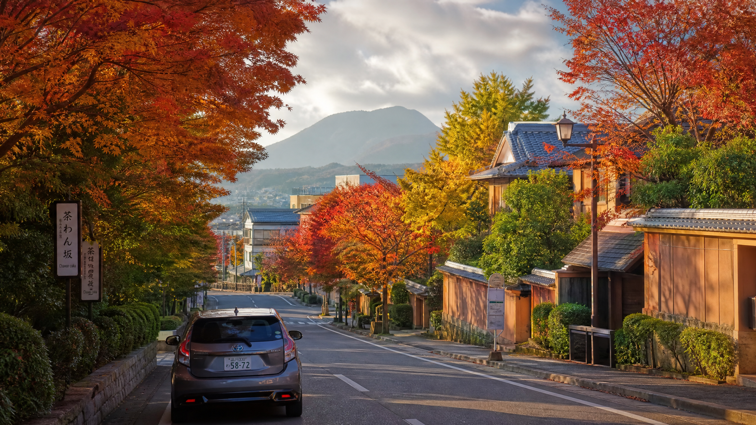 Street in a Japanese town during autumn, with red and orange maple trees lining both sides, traditional houses on the right, and a distant mountain.