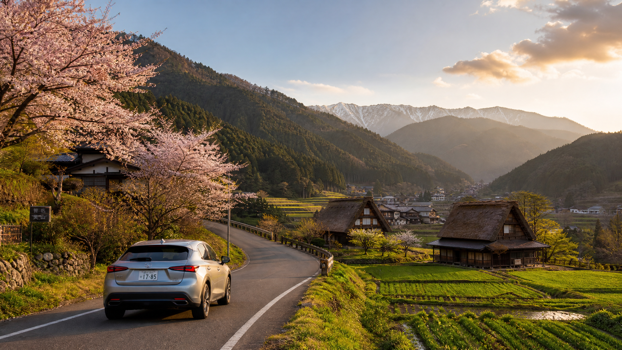 Rural Japanese hillside village at sunset with thatched-roof houses, cherry blossoms, terraced fields, and distant mountains.