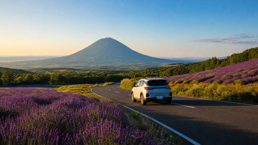White SUV driving along a winding road through purple lavender fields with a mountain in the distance at sunset.