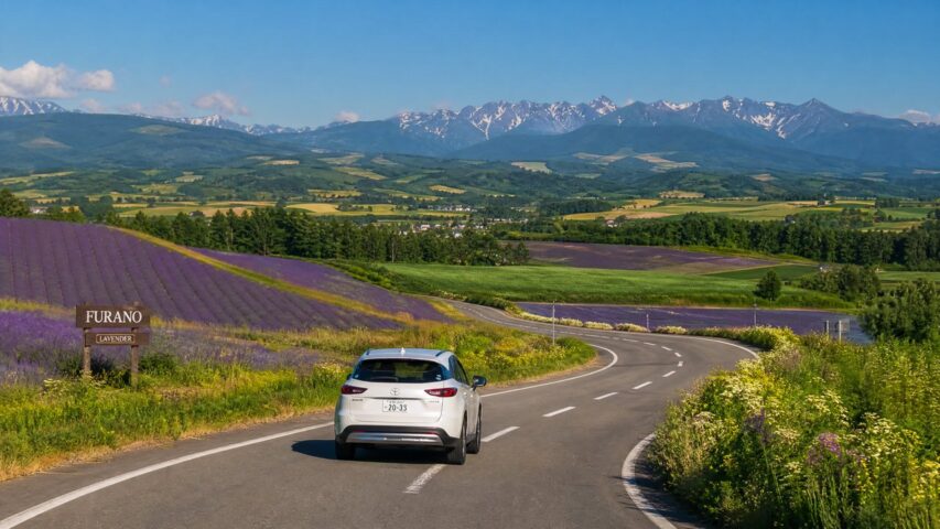 White SUV driving along a winding road through purple lavender fields with snow-capped mountains in the distance