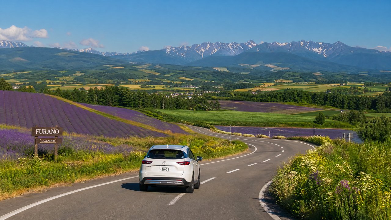 White SUV driving along a winding road through purple lavender fields with snow-capped mountains in the distance