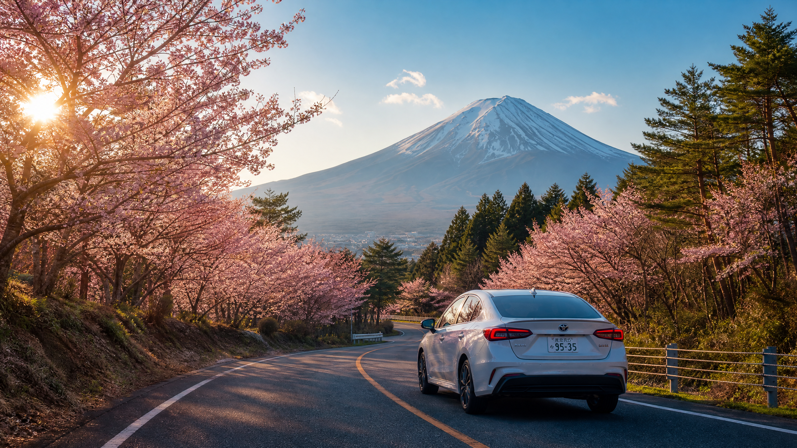 White car on a winding road flanked by pink cherry blossoms with Mount Fuji and a bright sun in the distance.
