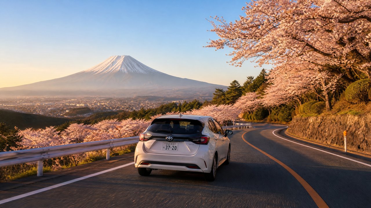 White hatchback driving on a winding mountain road lined with pink cherry blossoms, Mount Fuji in the distance at sunset.