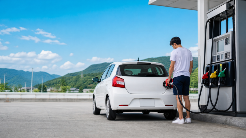 Man refueling a white sedan at a gas station with blue sky and mountains in the background