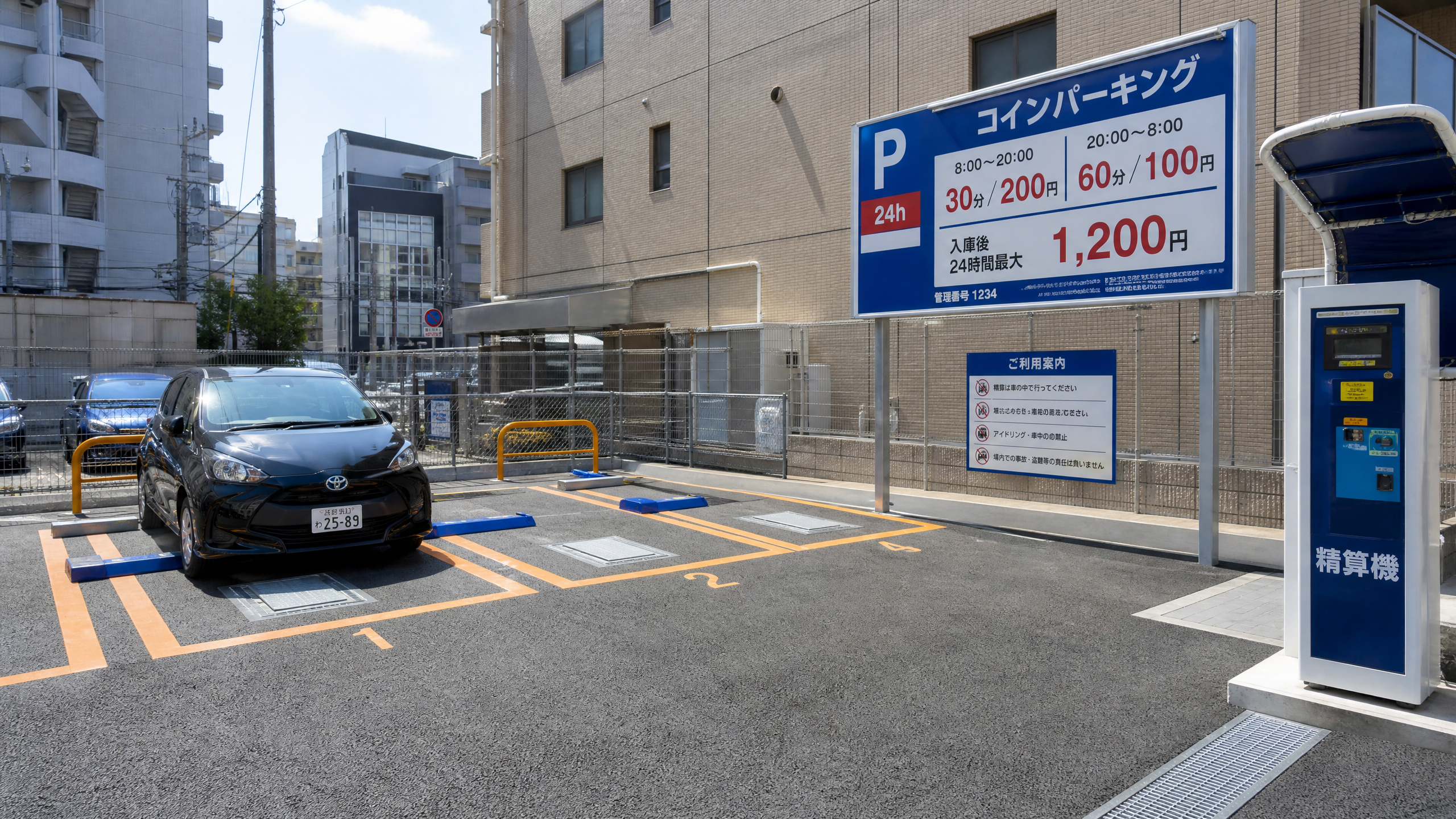 Black Toyota parked in a 24h coin parking lot with orange-lined spaces and a large blue-and-white rate sign nearby to the right gym-like kiosk