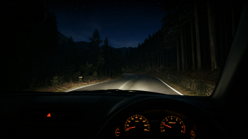 Nighttime view from the car, showing a winding road through a dense forest under a starry sky, with orange dashboard gauges lit in the foreground.