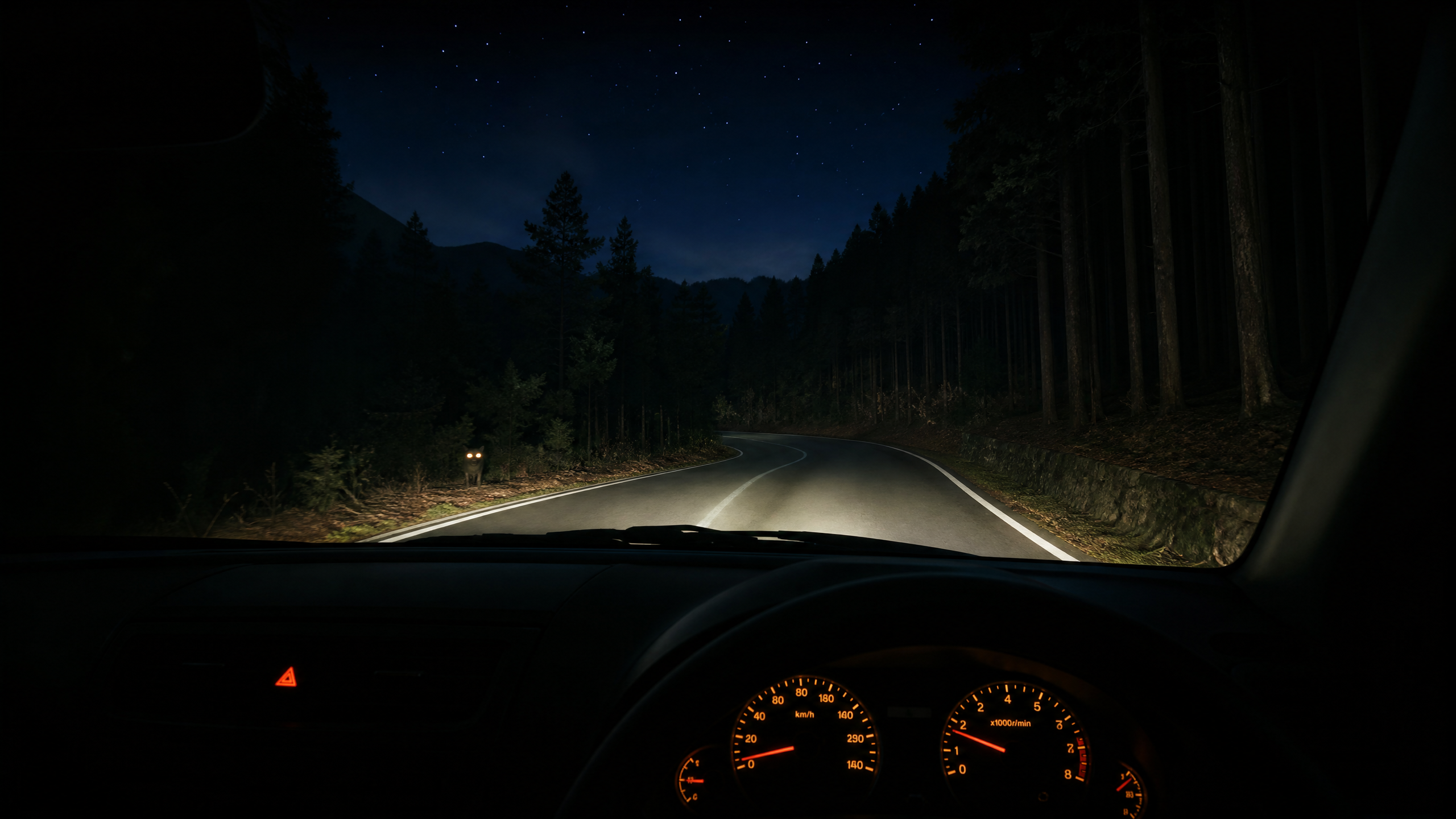 Nighttime view from the car, showing a winding road through a dense forest under a starry sky, with orange dashboard gauges lit in the foreground.