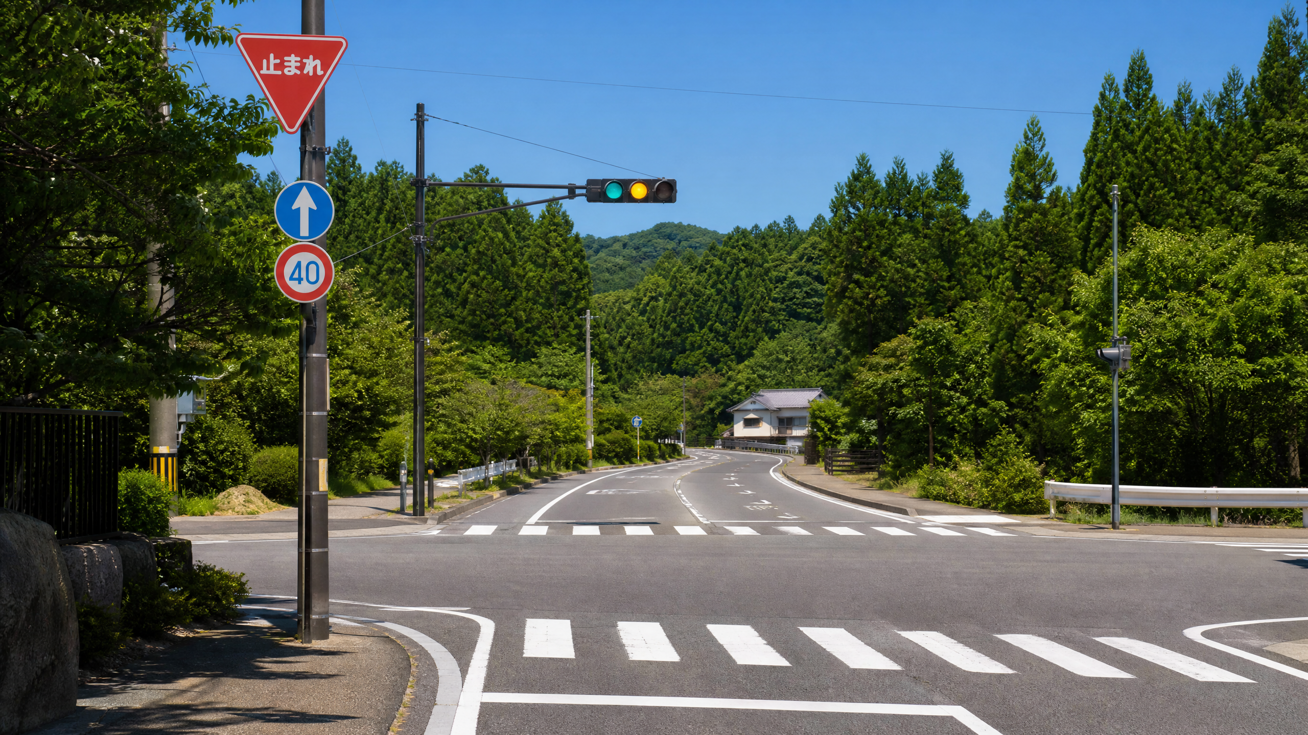 Intersection on a tree-lined street with a stop sign (止まれ), blue one-way sign, and 40 km/h sign near a crosswalk.