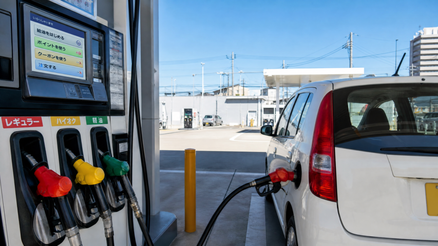 Gas pump with red, yellow, and green nozzles beside a white car at a bright gas station under a blue sky.