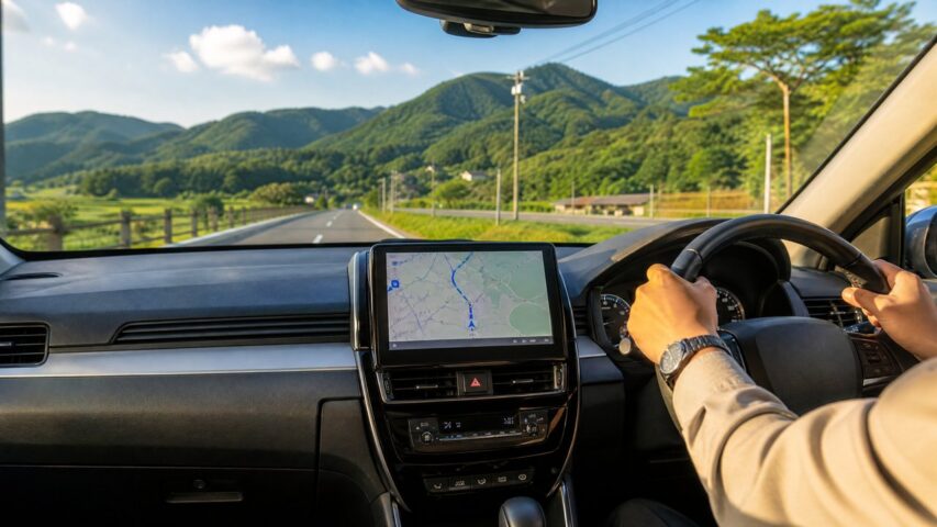Driver’s hands on the steering wheel with a GPS map on the center screen, road ahead through green hills and mountains on a sunny day.
