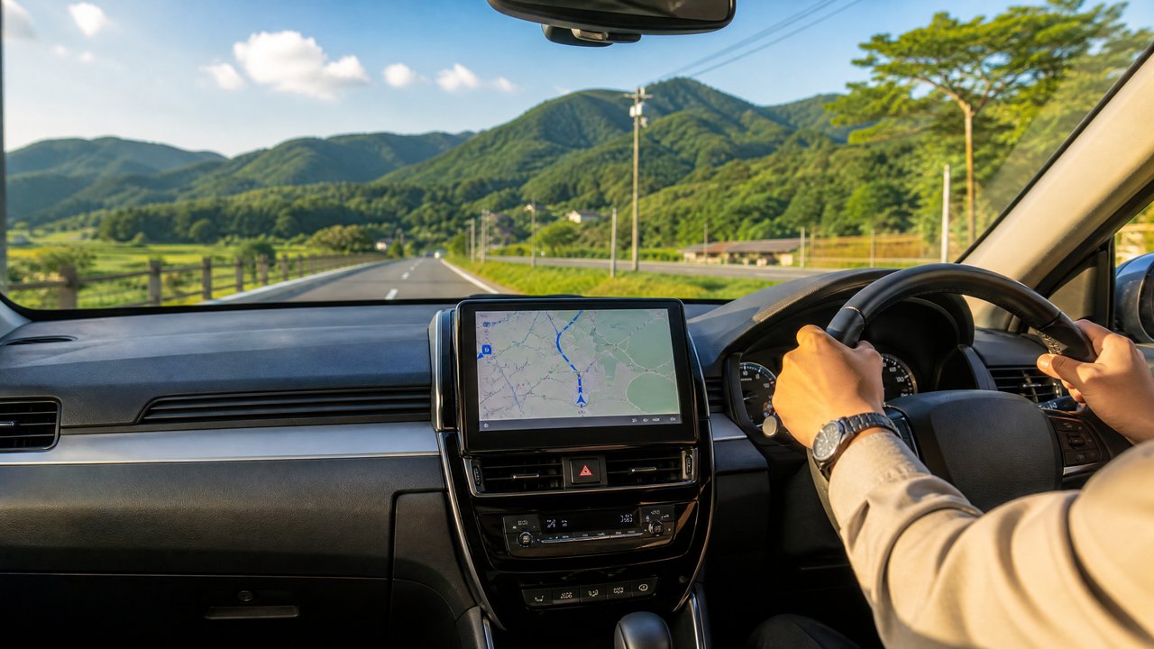 Driver’s hands on the steering wheel with a GPS map on the center screen, road ahead through green hills and mountains on a sunny day.
