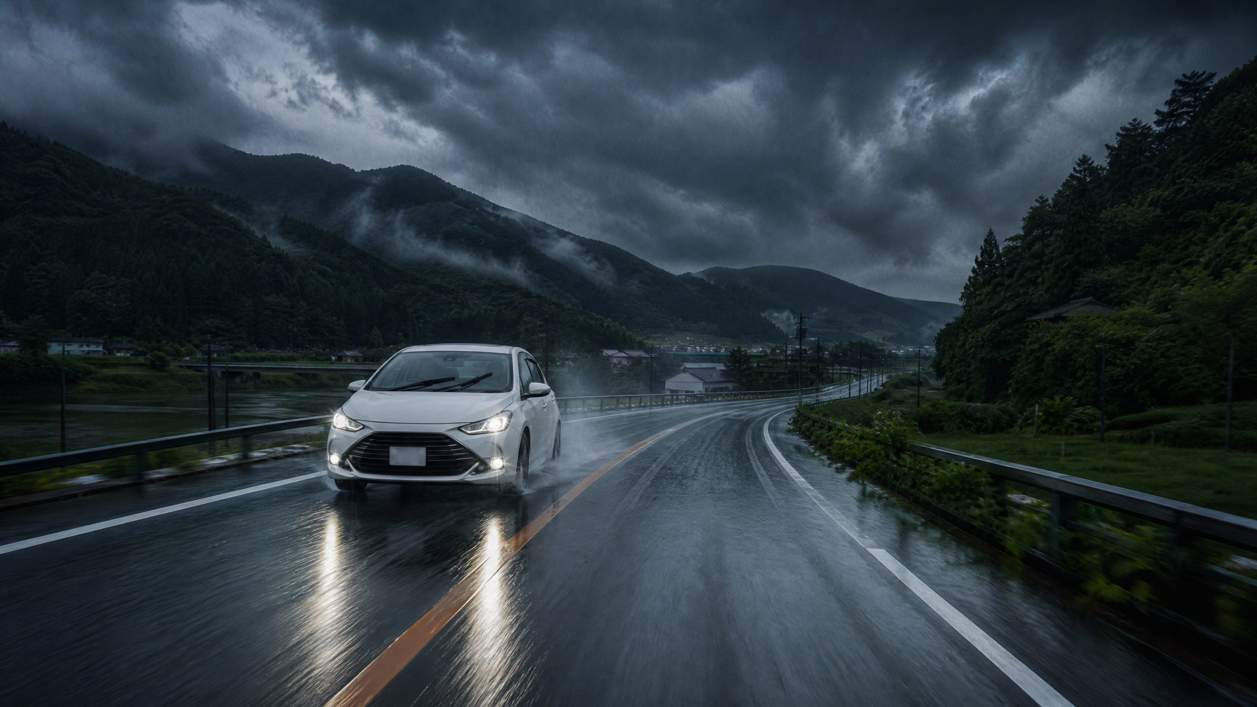 White car driving on a rain-soaked mountain highway under dark storm clouds, with misty green hills in the background.