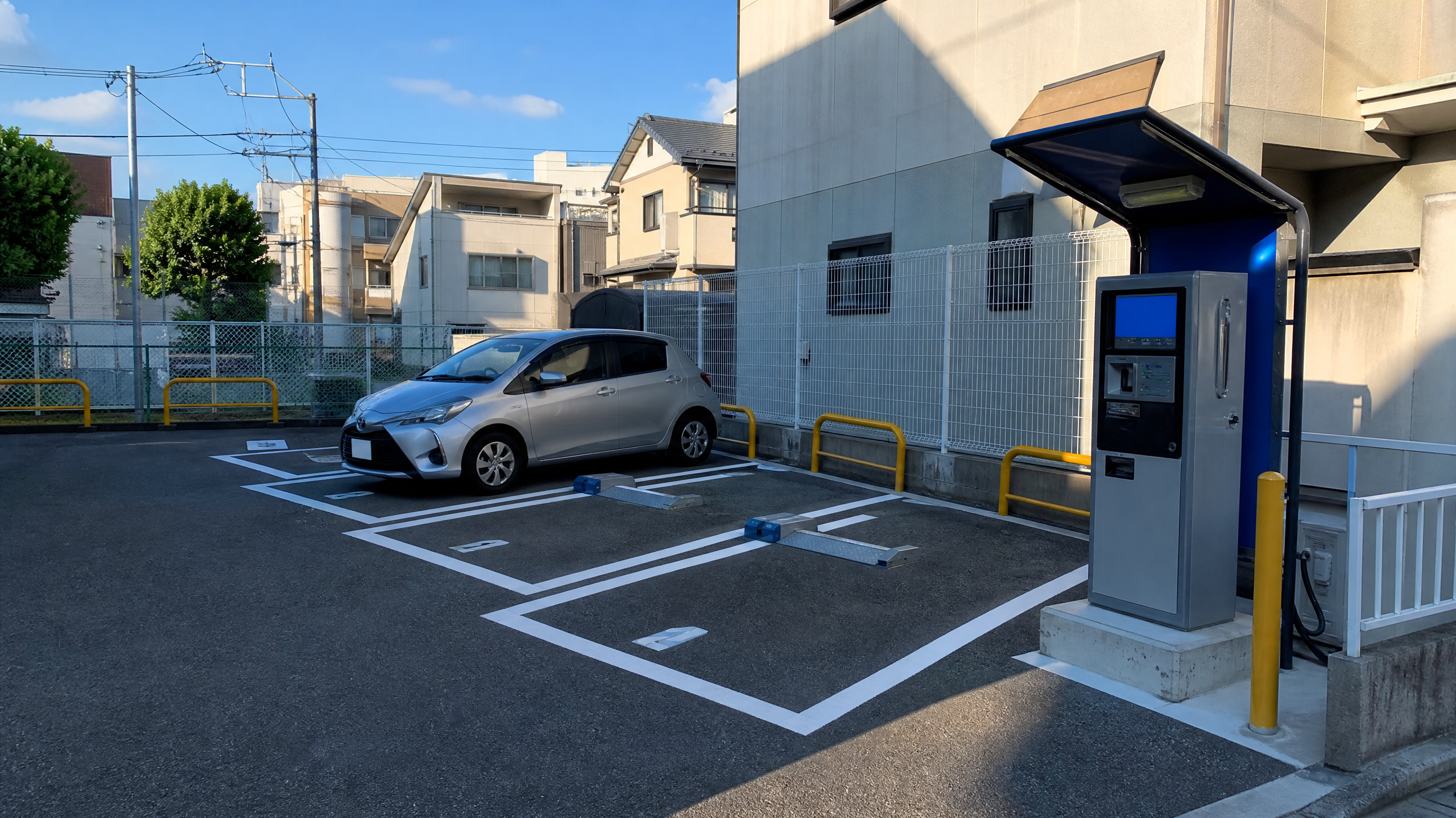 Silver compact car parked in a marked outdoor parking space near a blue-roofed EV charging kiosk on the right.