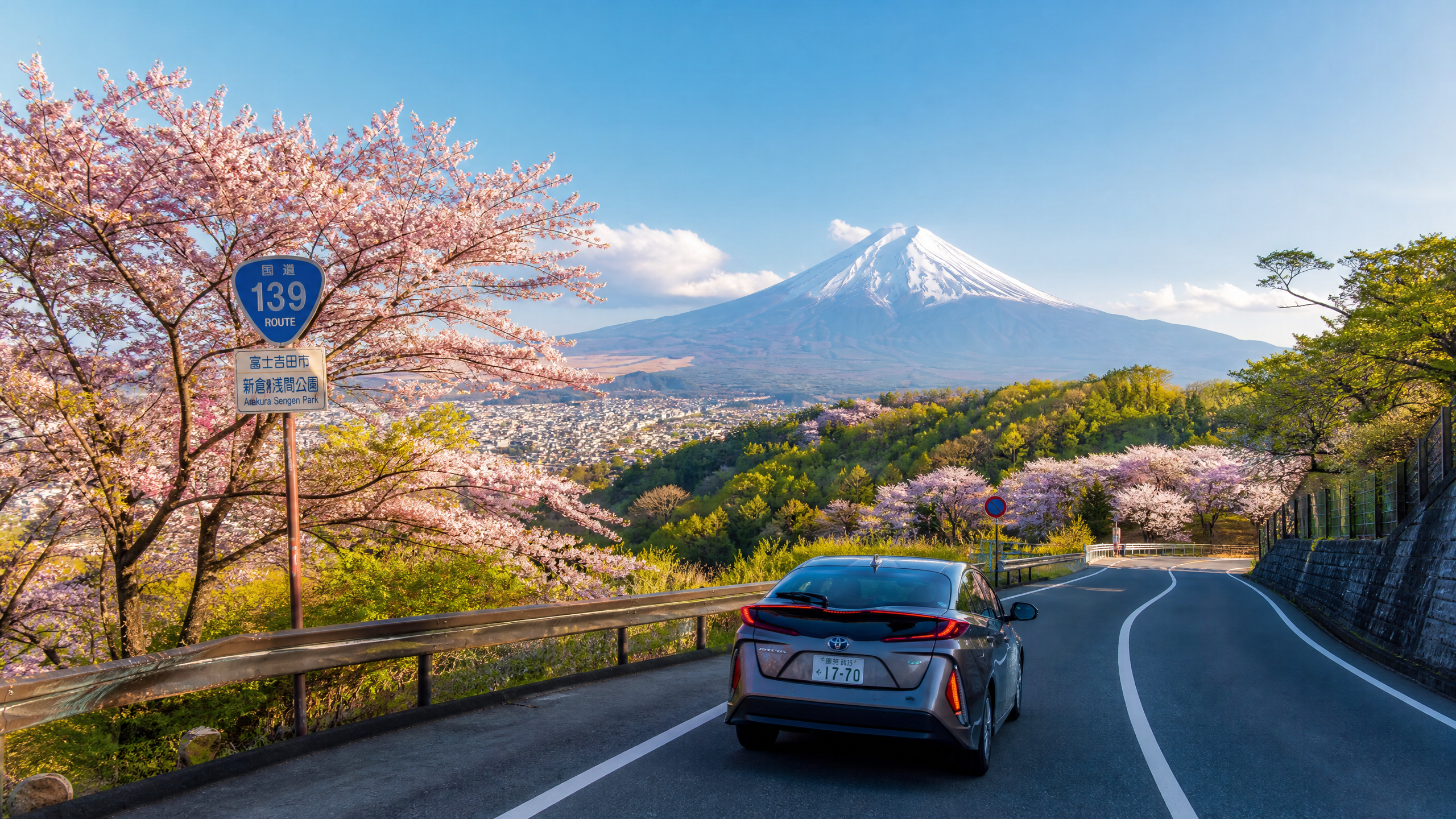 Road lined with cherry blossoms toward Mount Fuji; foreground shows blue Route 139 sign and a gray car on the road.