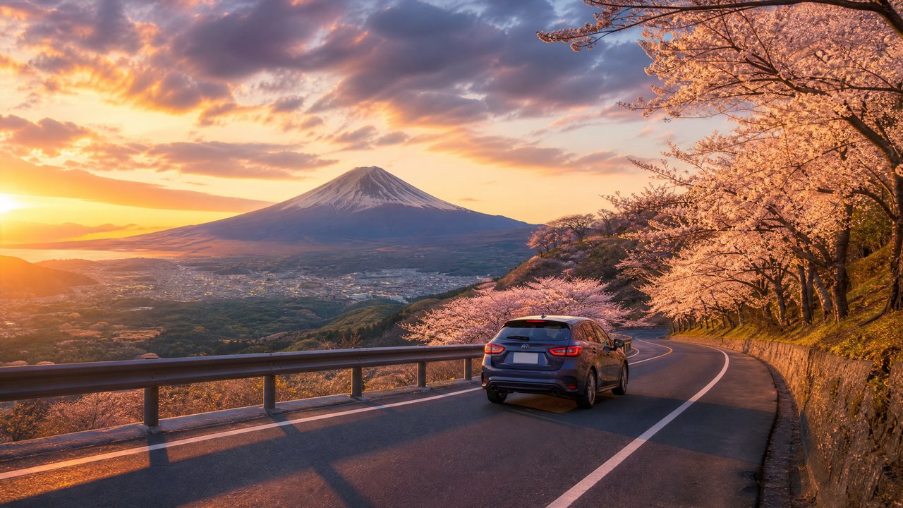 Sunset over Mount Fuji with blooming cherry blossoms along a winding mountain road and a car driving away from the viewer
