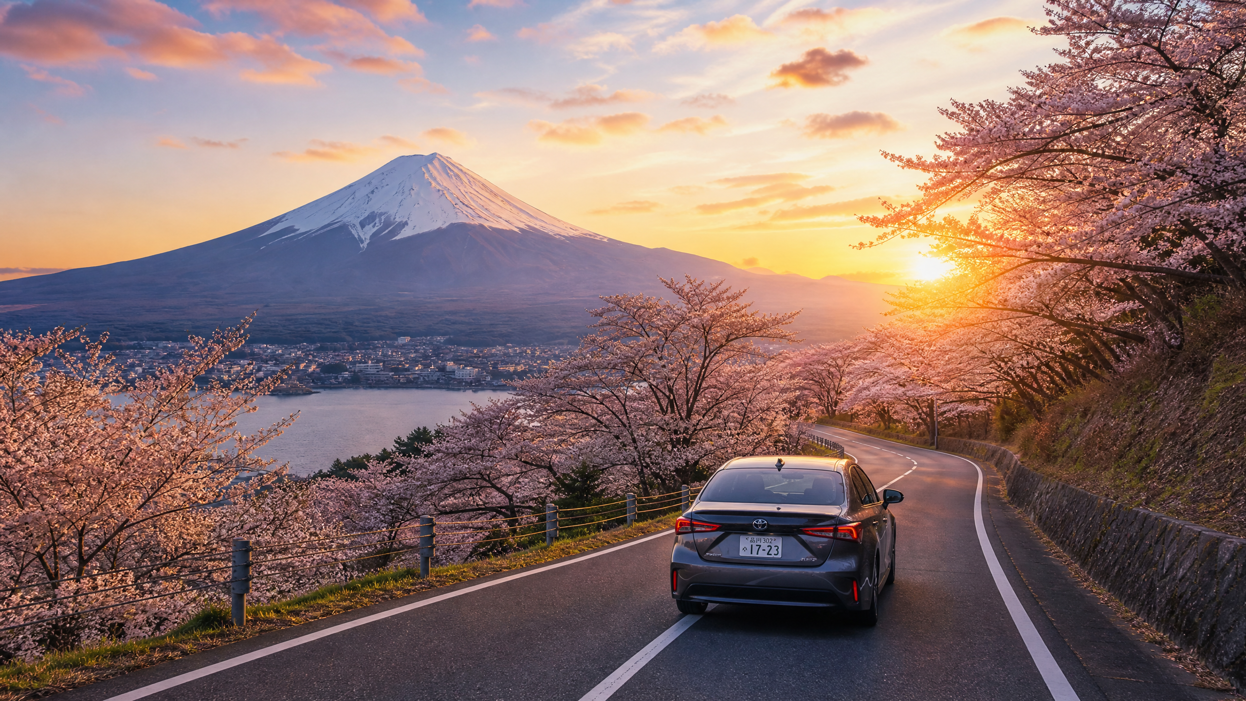 Sunset over Mount Fuji with a snow-capped peak, pink cherry blossoms along a winding road, and a car in the foreground.