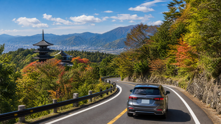 Winding mountain road with a silver SUV driving away, a pagoda on the left, colorful fall foliage, and blue hills in the distance.
