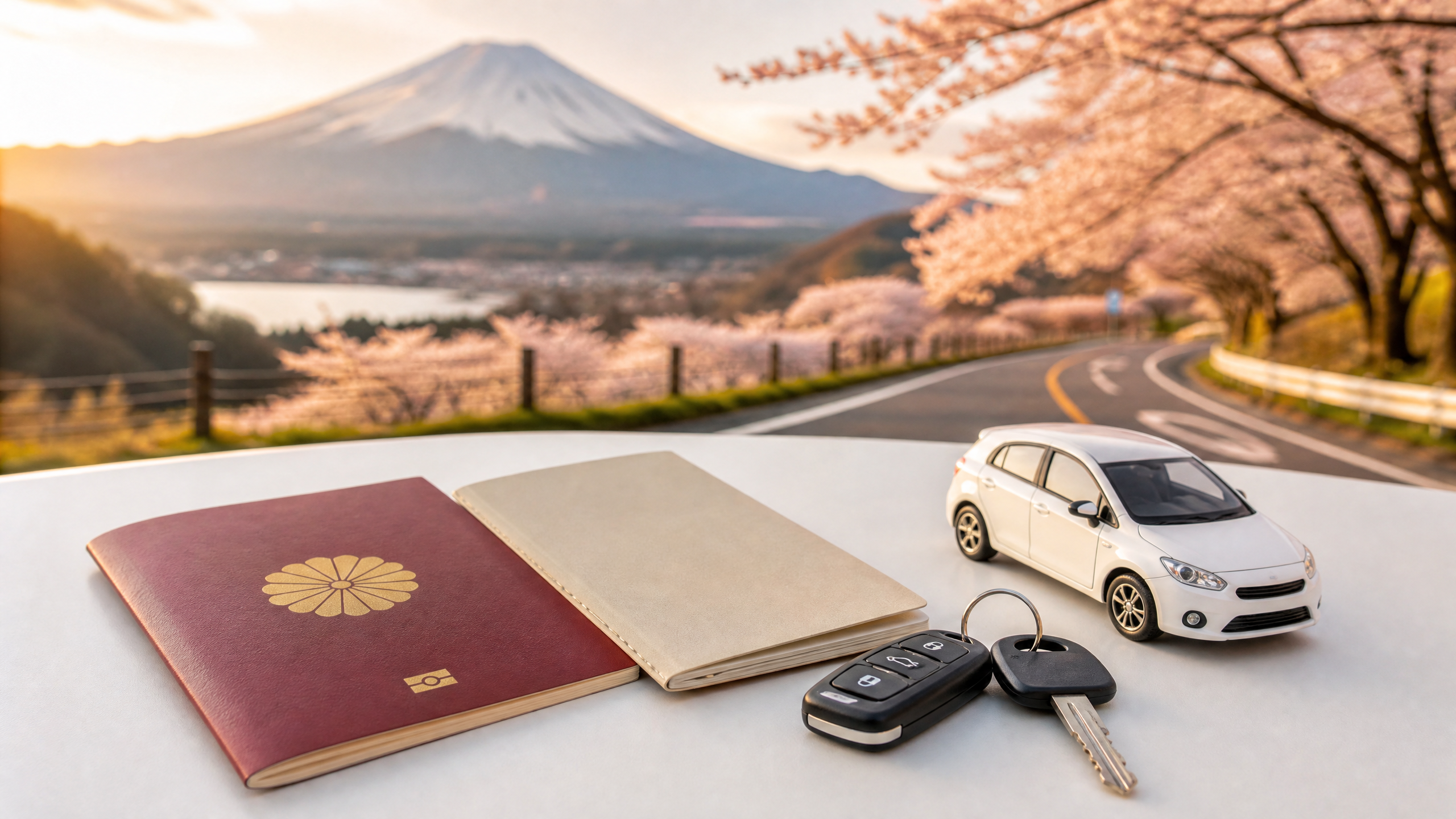 Travel essentials on a car dashboard: a red passport, a notebook, keys, and a toy car with a sunset scene of cherry blossoms and Mount Fuji in the distance.