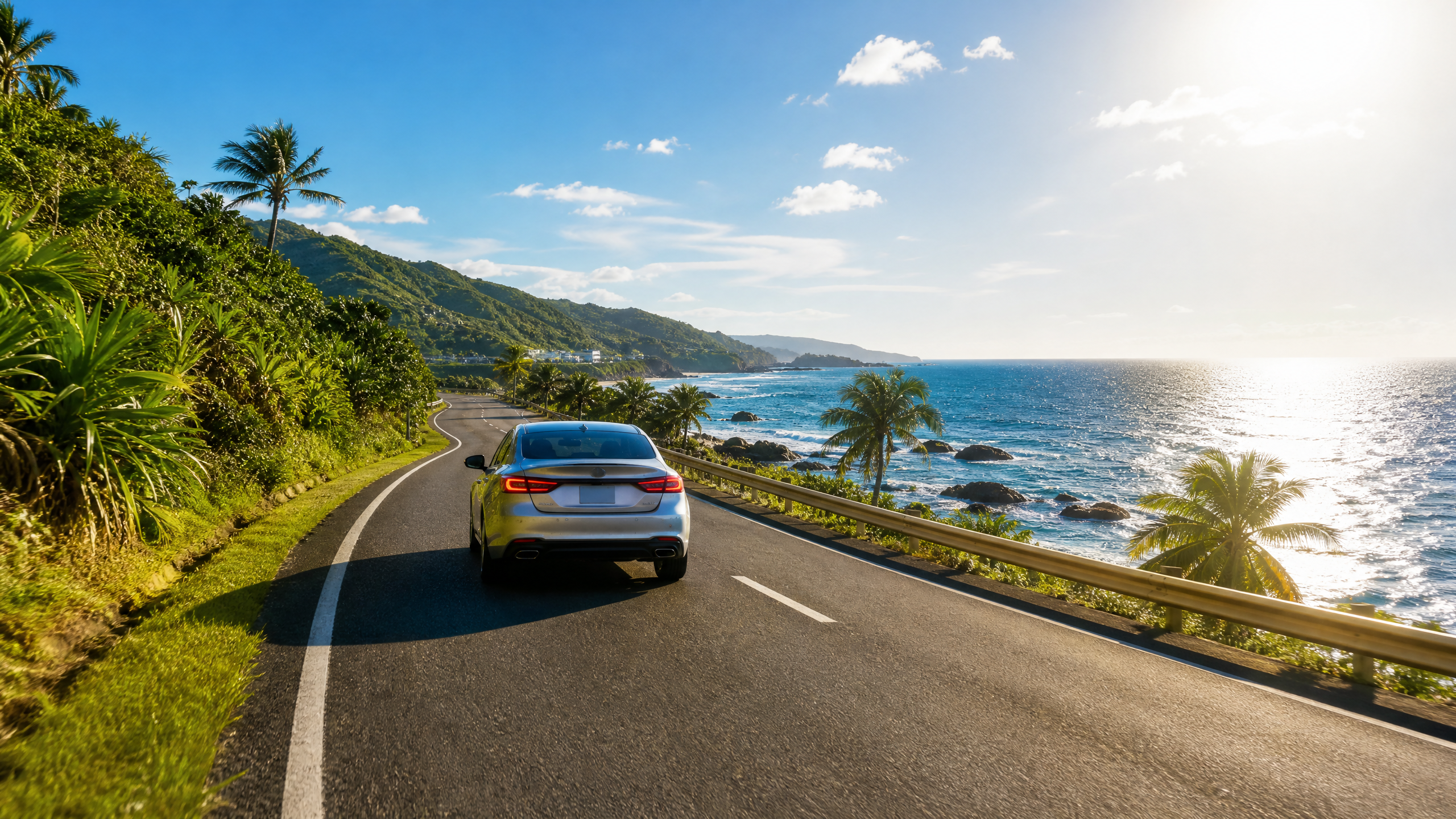 Silver sedan driving along a coastal highway with palm trees, green hills, and the blue sea to the right.