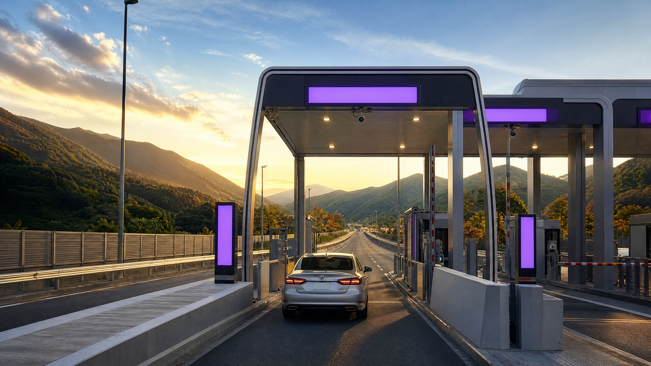 Toll plaza at sunset with a silver car approaching, purple-lit panels and mountains in the background on a clear sky.