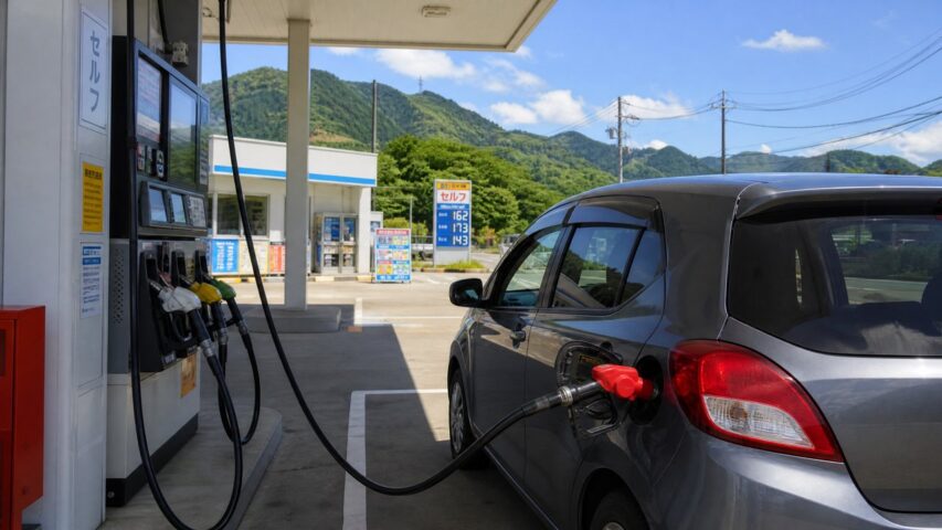 Grey car refueling at a gas station with multiple hoses plugged into the rear-right side, mountains in the background, blue sky.