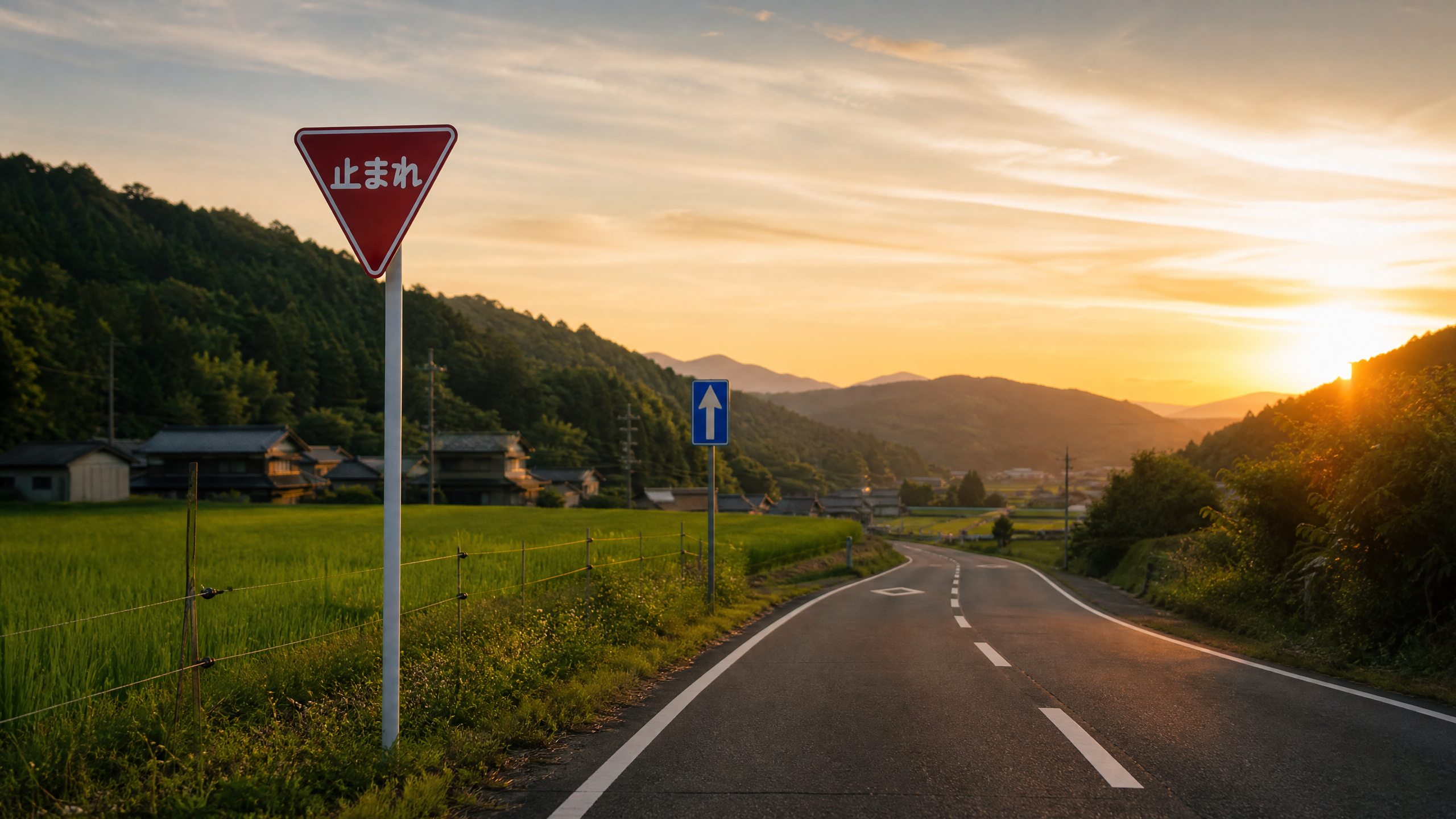 Rural road at sunset with a red triangular Stop sign (Japanese 止まれ) in the foreground, green fields and hills in the distance.