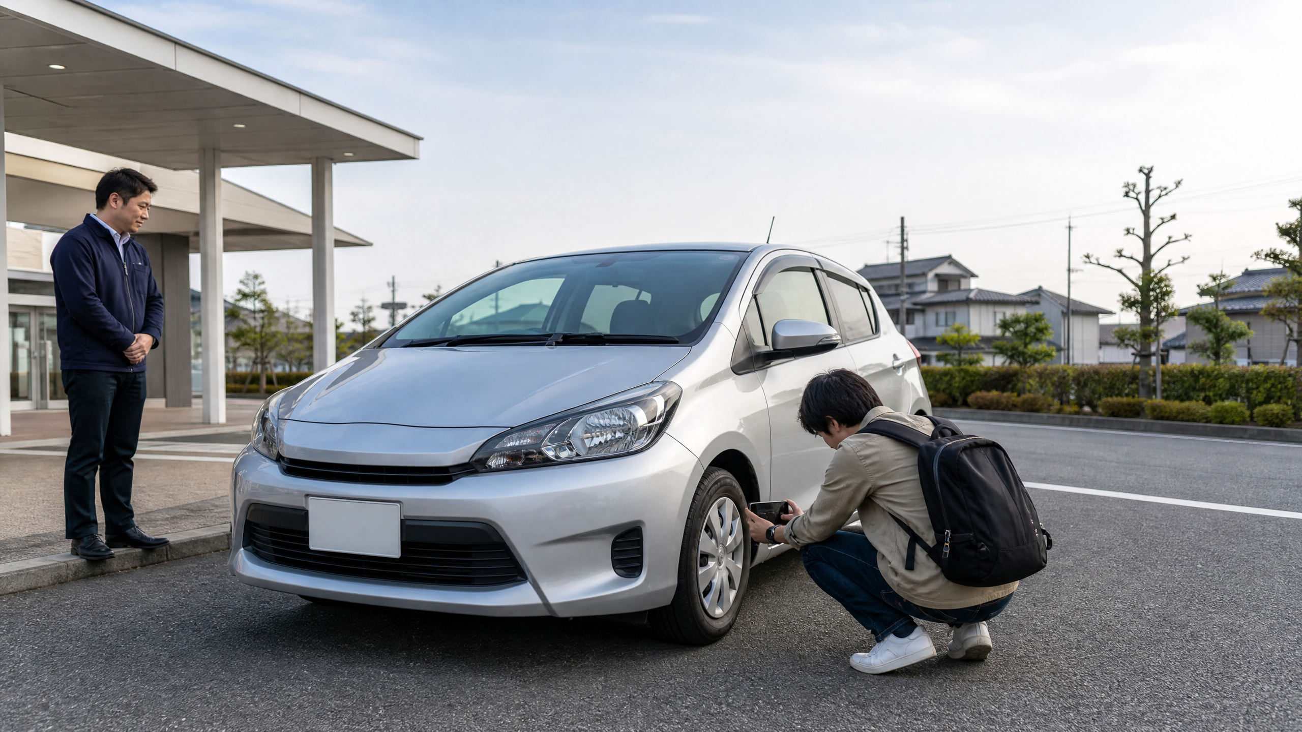 Two men inspect a silver car outside a modern building; one stands with hands folded while the other crouches by the front wheel with a camera/backpack nearby.