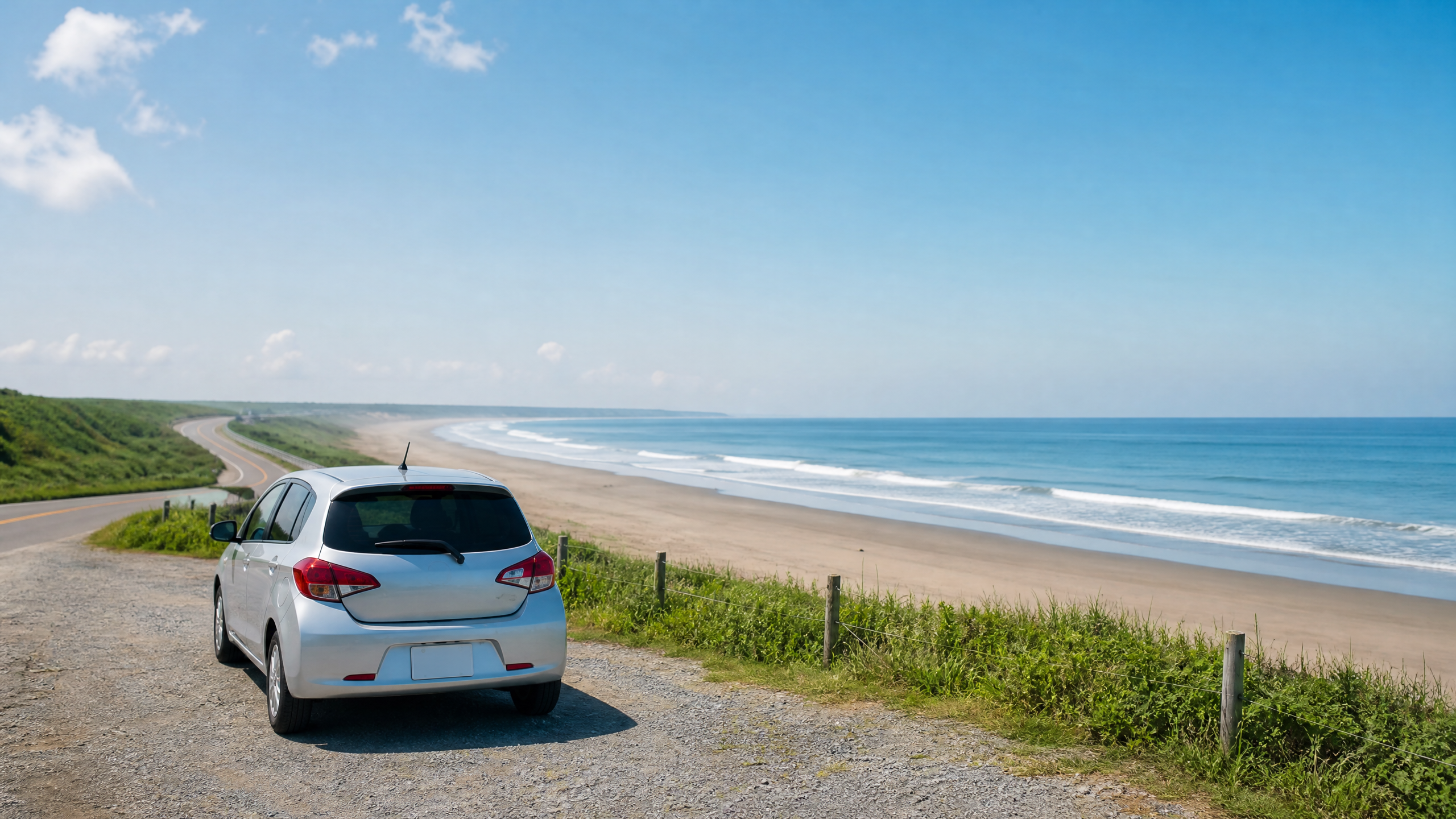 White hatchback parked on a gravel shoulder along a coastal road, with a sandy beach and blue ocean stretching to the horizon under a clear sky.