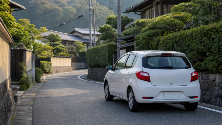 White hatchback parked on a narrow residential street in a quiet Japanese neighborhood, with traditional houses and lush greenery on both sides