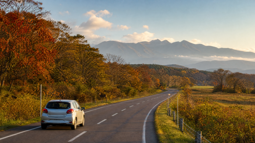 Hokkaido autumn rental car on a rural road