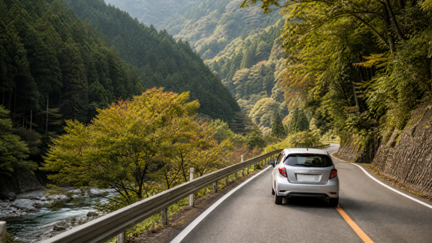 Rental car on a mountain road in Iya Valley, Tokushima