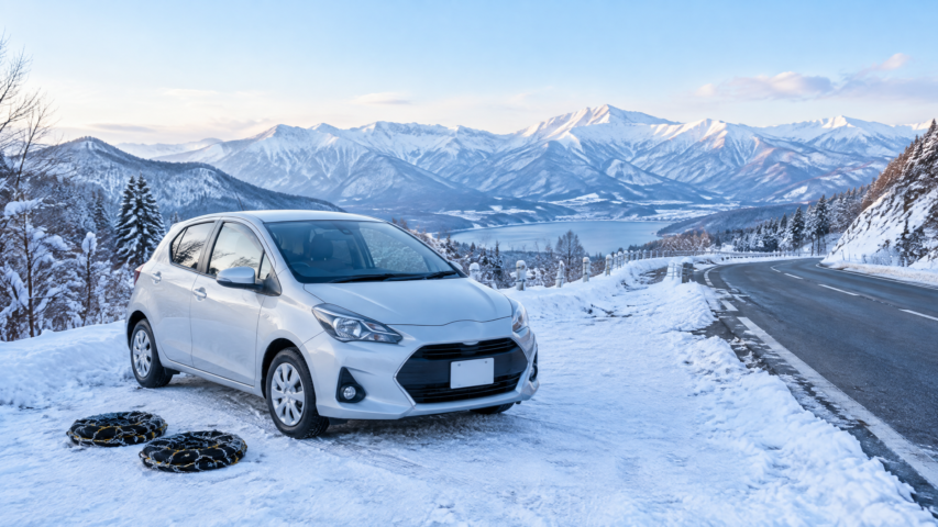 Rental car and snow chains on a winter road in Japan