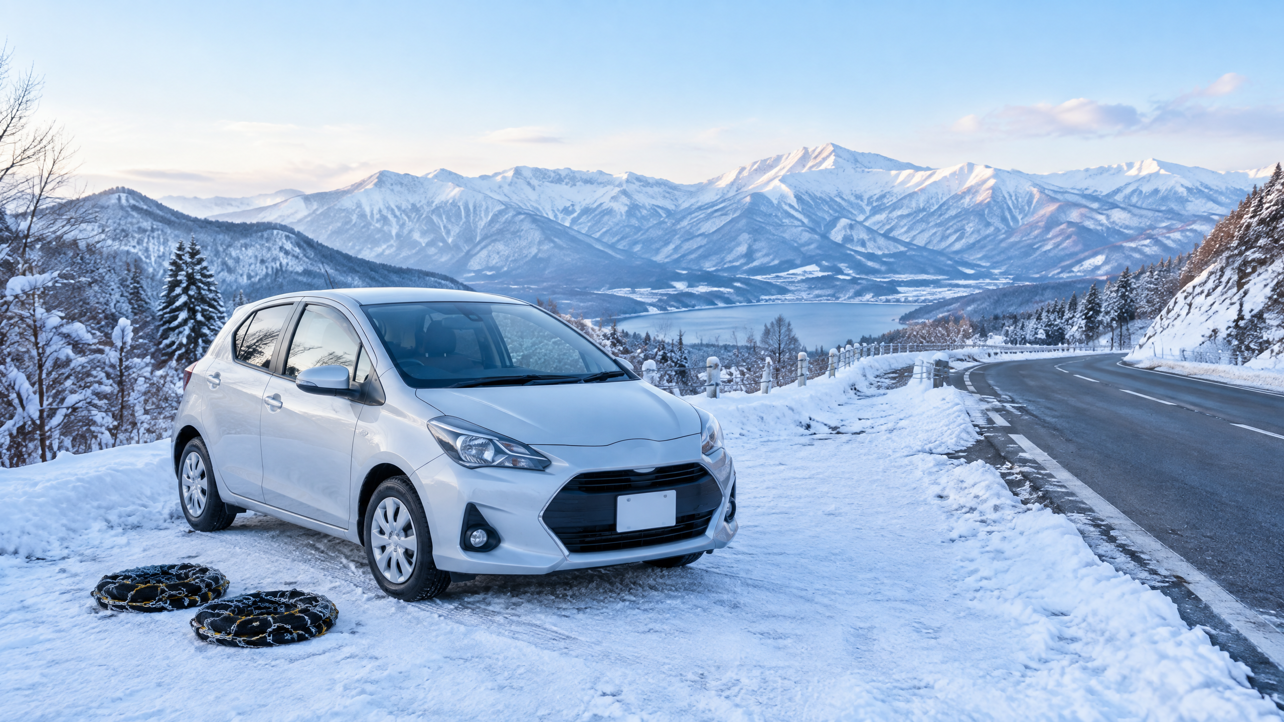 Rental car and snow chains on a winter road in Japan